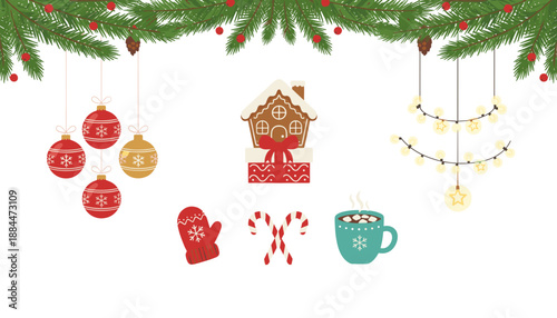 Cozy holiday vector illustration with gingerbread cocoa and ornaments on a white background
