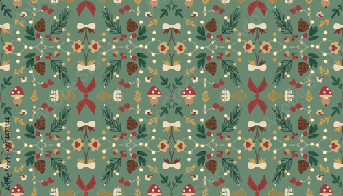 Wallpaper Mural Illustrated holiday seamless pattern with pine needles bows berries and glowing string lights Torontodigital.ca