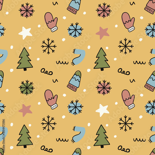 Cozy doodle winter seamless pattern with mittens scarves and pine trees on a warm yellow background