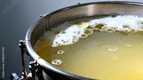Medium shot of carbonation reaction vessel showing foaming surface as gas interacts with lime to purify juice. Industrial process with visible bubbles and tank structure.