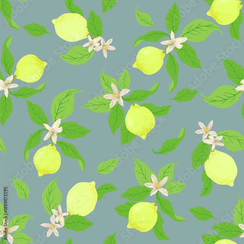 Tropical vector seamless background. Yellow pattern with exotic flowers, and fruits. Stock wallpaper. Jungle vector vintage print. Lemon citrus vector pattern.