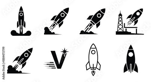 Collection of black rocket ship icons representing space exploration and launch stages