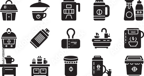 Black and white kitchen appliance icons on white background