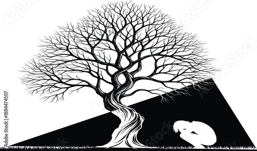 Silhouette of a person sitting in despair or meditation under a large bare tree representing depression, loneliness, mental health awareness, solitude, and inner peace.