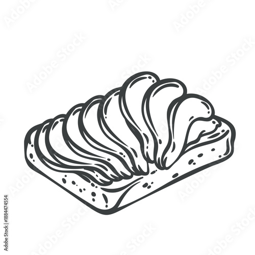 Avocado toast breakfast food for cafe menu, healthy brunch dish, sliced avocado on bread, modern cafe meal. Retro hand drawn line art style, monochrome outline icon. Vector illustration with avocado t