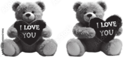 Two teddy bears holding heart shaped signs with i love you message
