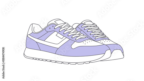 Stylish purple and white running sneakers with laces on white background.
