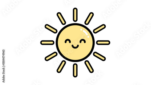Cute smiling sun icon with rays in cheerful cartoon style.