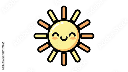 Cute smiling sun character with rays and blushing cheeks illustration.