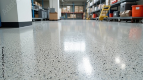 Seamless epoxy resin floor with a glossy finish, strong and smooth surface, durable and protective, perfect for decorative industrial applications 