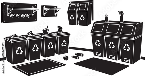 Recycling bins and facilities illustration for eco-friendly practices