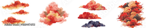Watercolor set traditional Red and Gold Clouds Illustration, hand drawn colorful flat vector style. Isolated on white background