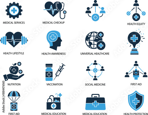 Medical vector icon set with healthcare services vaccination first aid and health education