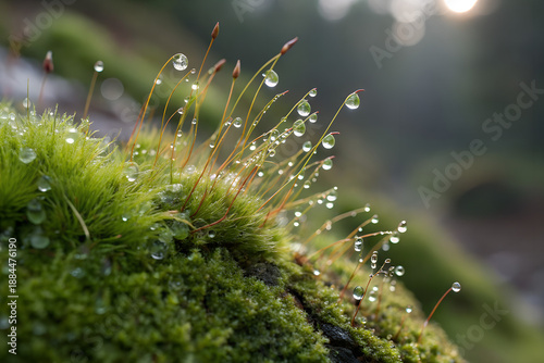 Macro Shot Of Vibrant Green Moss With Morning Dew Drops Texture