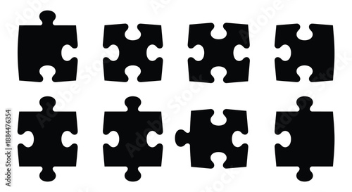 Eight black puzzle pieces arranged in a grid showing interlocking shapes
