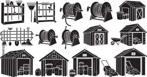 Black and white farm tools and shed icons set