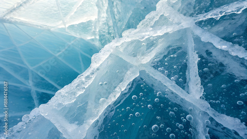 Macro Details Of Blue Ice Crystals And Frozen Air Bubbles Texture