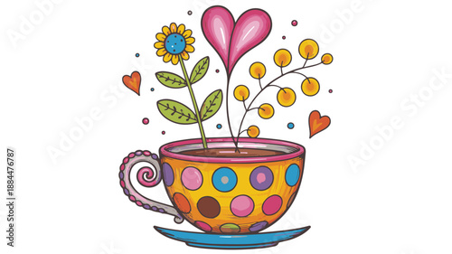 Whimsical teacup filled with flowers, heart, and berries on a saucer Keywords: teacup, coffee cup, flower, heart, berries