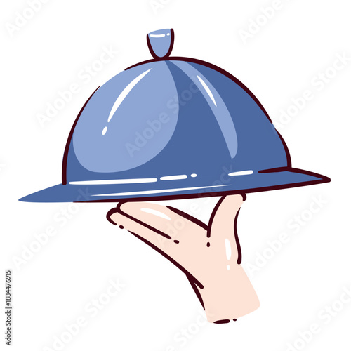 Hotel room service tray with cloche on hand, luxury hotel service icon for reception and catering, hand holding serving dome, modern simple doodle cartoon design, vector illustration.