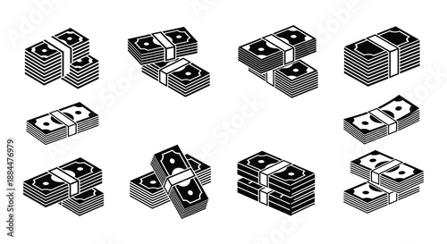 Stacks of money in black and white isometric vector illustration