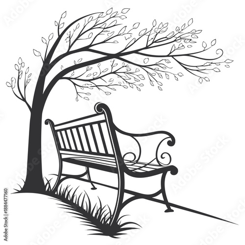 Serene park bench under a tree