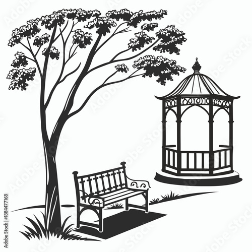 Serene garden scene with tree, bench, and gazebo