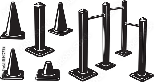 Traffic cones and barricades isolated on white background illustration