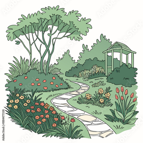 Serene garden pathway with gazebo