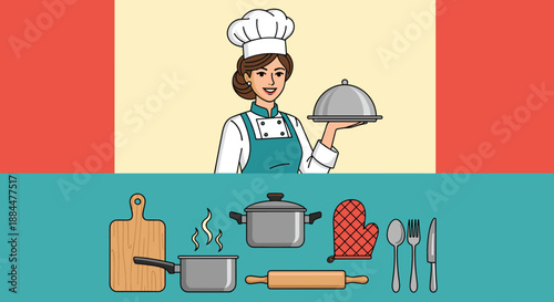 Professional female chef in uniform holding a serving platter, with a collection of essential kitchen utensils shown below.