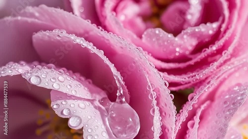A stunning macro shot captures the delicate beauty of a vibrant pink bloom, its soft petals adorned with sparkling dewdrops. The intricate details of each water droplet reflect light, creating a seren