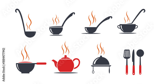 Set of kitchen and cooking icons representing hot food, including ladles, a pan, a teapot, and serving utensils design.