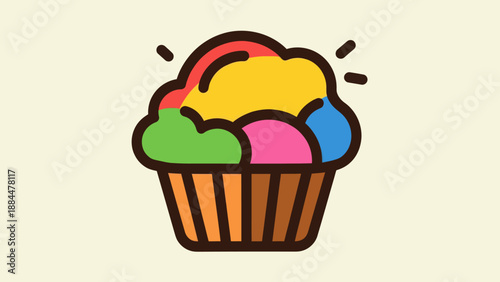 Colorful cupcake illustration with bright icing and brown paper cup on neutral background