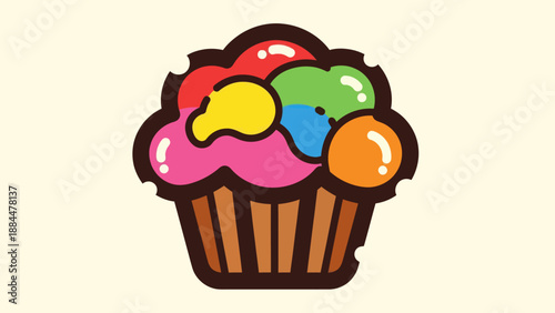 Colorful cupcake illustration with multiple frosting elements and a brown wrapper