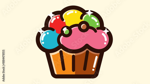 Colorful cupcake illustration with multiple toppings and glossy appearance