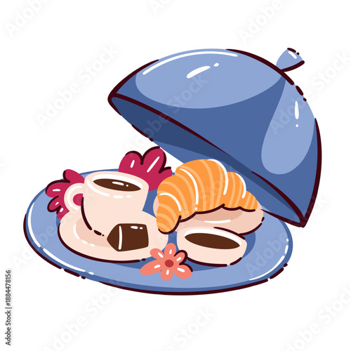 Hotel room service breakfast tray with coffee and croissant under cloche, hospitality icon for luxury hotel service, reception and catering, cartoon doodle illustration. Vector illustration.