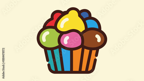 Colorful cupcake illustration with vibrant icing and a light cream background