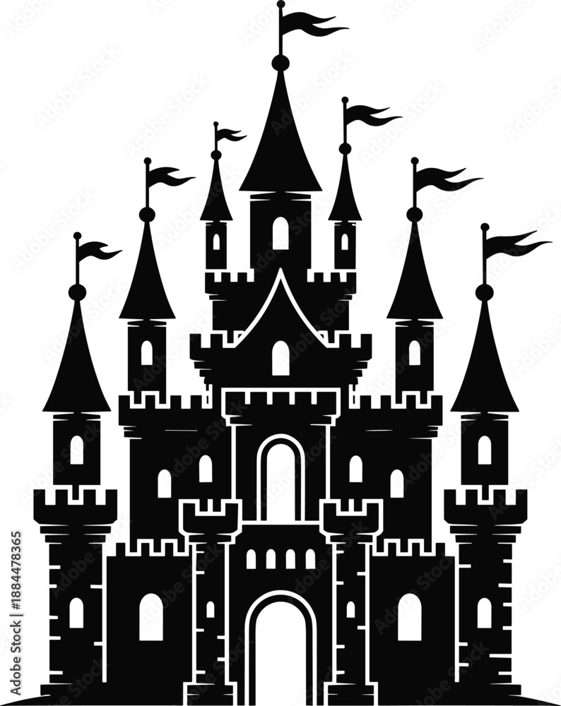 Obraz premium Black and white castle with multiple towers and flags 2