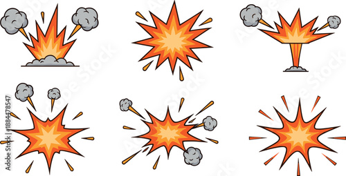 Comic explosion starburst vector set with fire blasts and smoke effects for action design