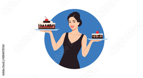 Elegant woman in a black dress smiling while holding two plates with delicious chocolate cakes, perfect for a bakery logo.