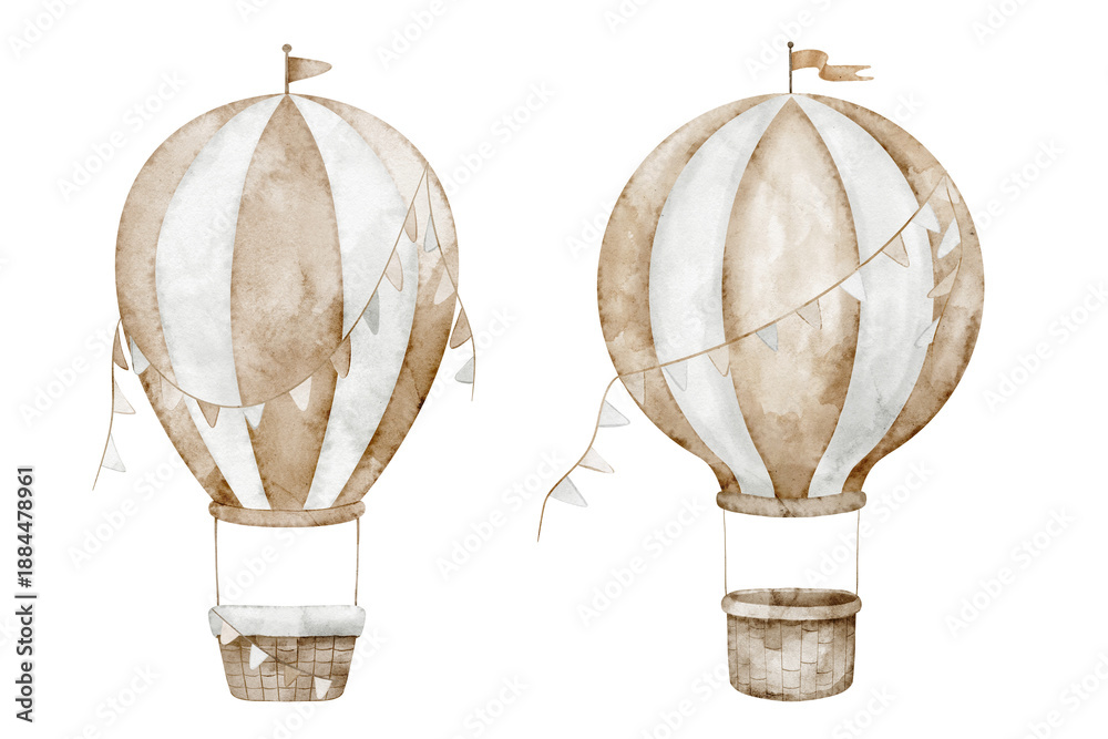 custom made wallpaper toronto digitalAir Balloon watercolor illustrations. Clipart of airships with garlands and flags in pastel beige colors for Baby shower greeting cards or childish invitations. Art for nursery posters or kids design.