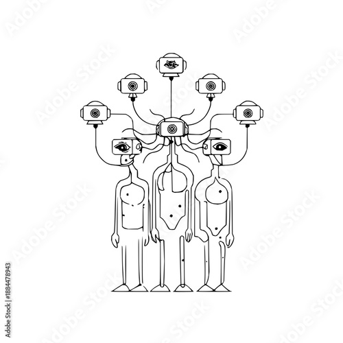 Abstract surveillance system with human figures and cameras connected to a central unit design art