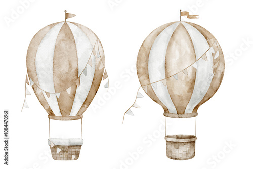 Wallpaper Mural Air Balloon watercolor illustrations. Clipart of airships with garlands and flags in pastel beige colors for Baby shower greeting cards or childish invitations. Art for nursery posters or kids design. Torontodigital.ca