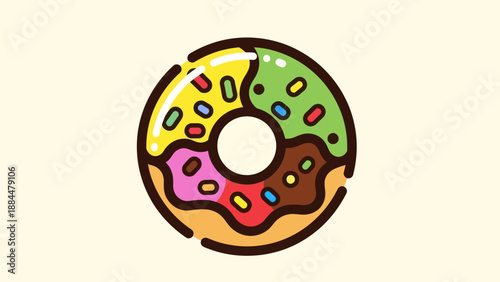 Colorful donut with various toppings on a light background design