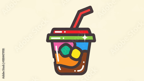 Colorful drink cup illustration with straw and lid against beige background