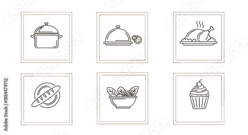 Set of six minimalist food and cooking icons in a simple line art style, framed for a modern restaurant menu design.