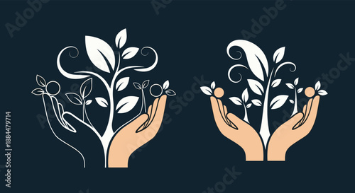 Elegant logo design of hands nurturing growing plants and saplings, symbolizing growth, nature, and environmental care.