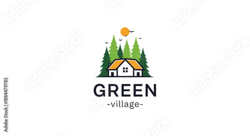 Simple and clean 'Green Village' logo featuring a house nestled among pine trees, with a sun and birds in the background.