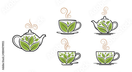 Collection of green tea logos featuring teapots and cups decorated with fresh leaves, symbolizing natural and herbal drinks.