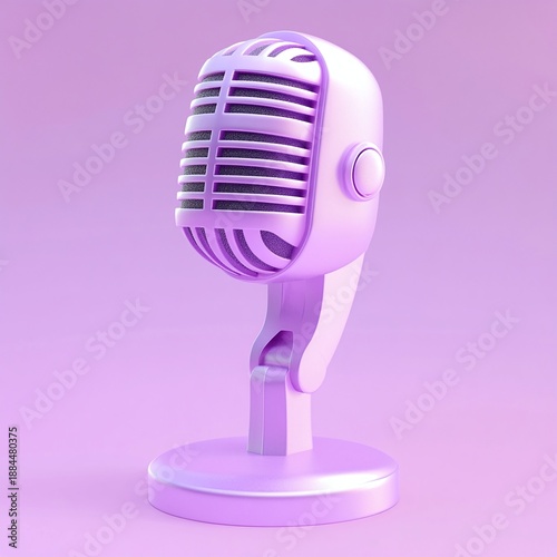A sleek 3d rendering of a classic vintage style broadcast microphone isolated on a solid pastel lilac background featuring smooth curves and retro design elements for modern use.