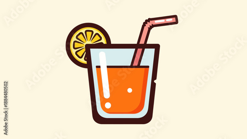 Orange juice in glass with a straw and lemon slice on neutral background